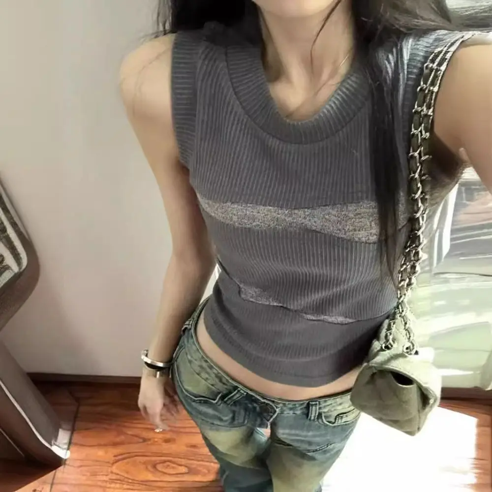 أزياء المرقعة سليم المحاصيل الأعلى جولة الرقبة تانك المرأة سترة أعلى الرجعية قميص بلا أكمام بروتيل السفر