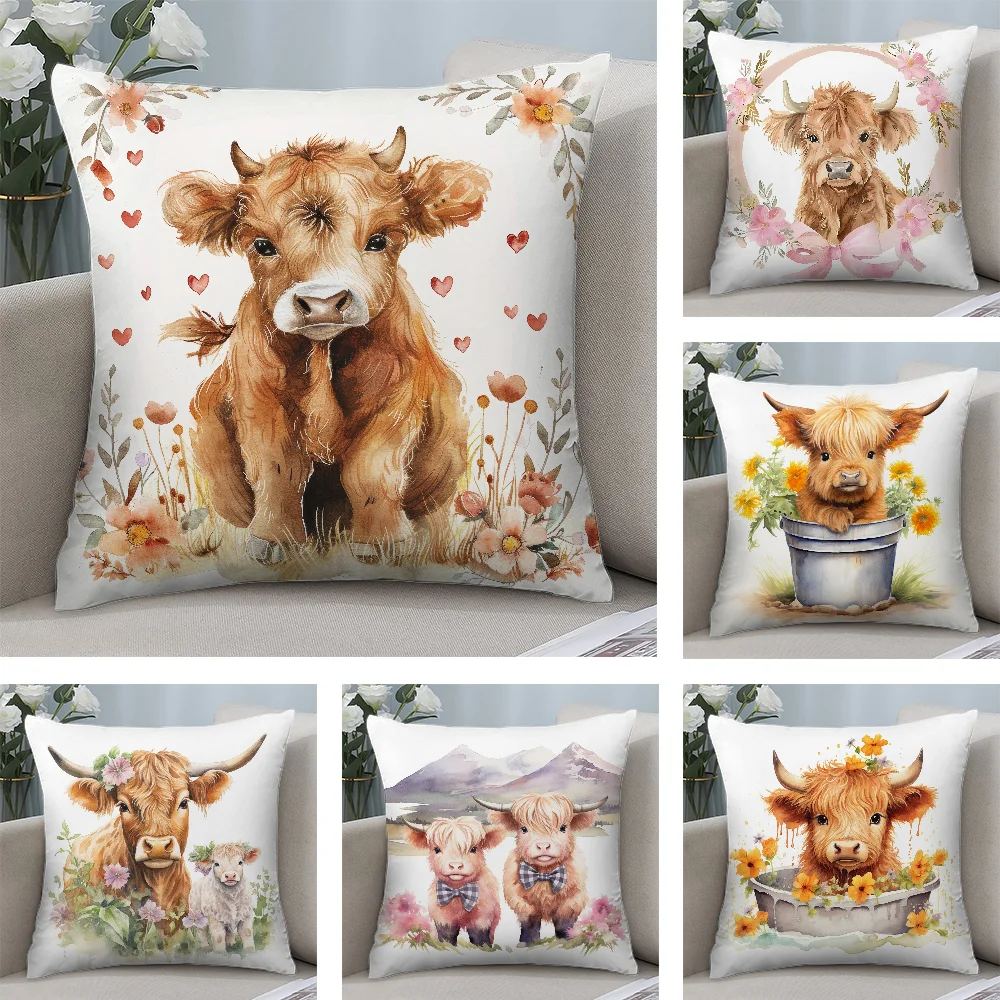

Cute Highland Cow Pillow Case Short Plush Pillow Covers Sofa Decorative Gift Home Double-sided Printing Cushion Cover