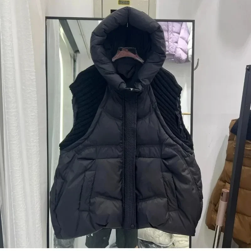 

2025 зимняя женская теплая куртка-пуховик без рукавов на белом утином пуху, повседневная свободная трикотажная куртка в стиле пэчворк, жилет с капюшоном