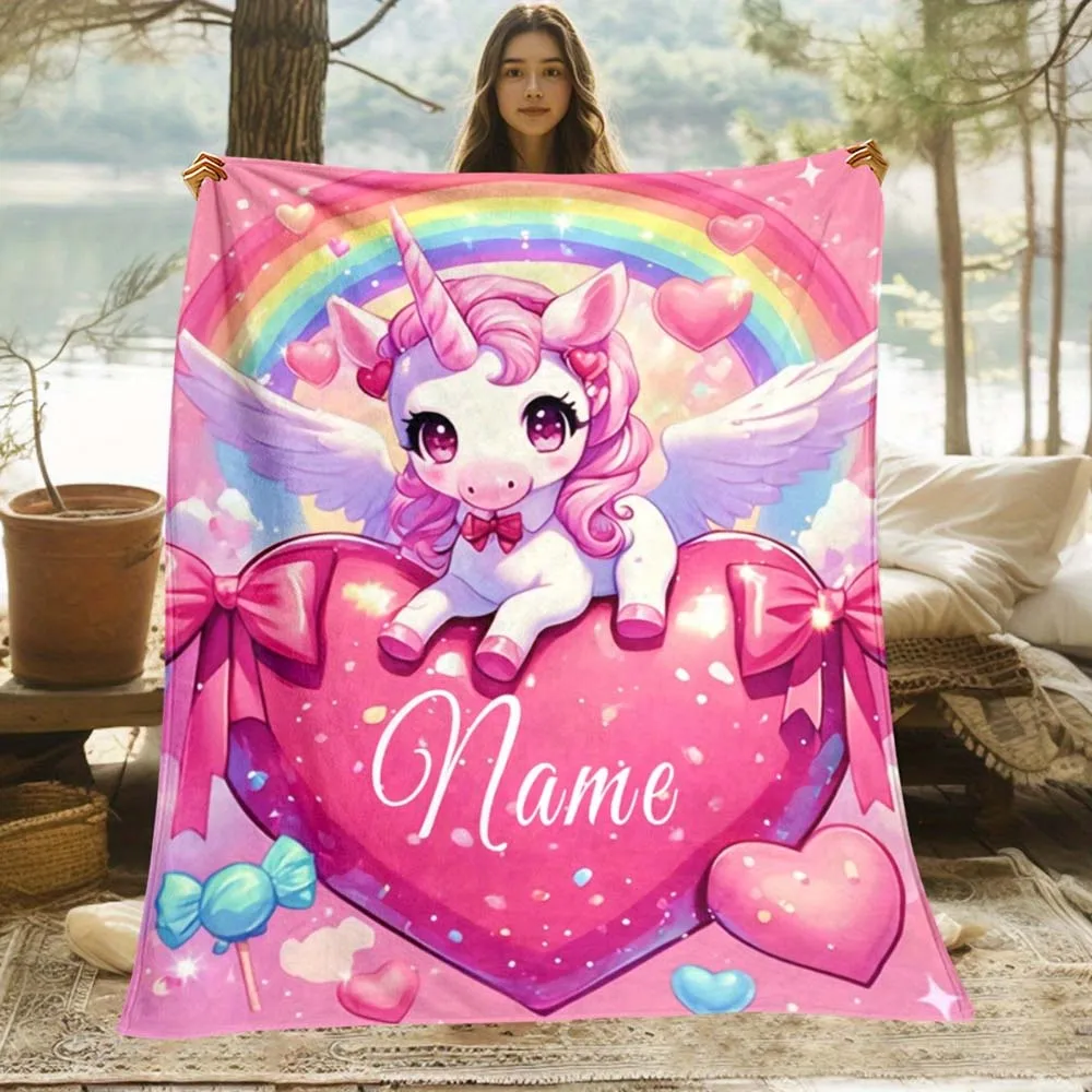 

1pc Personalized Cute Unicorn Rainbow Heart Fleece Throw Blanket for Girls Kids Custom Name Warm Soft Blanket for
