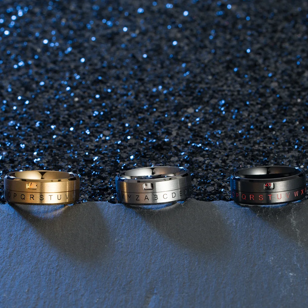 8MM Men\'s Stainless Steel Alphabet Number Spinner Ring Decoder Design Promise Engagement Wedding Band