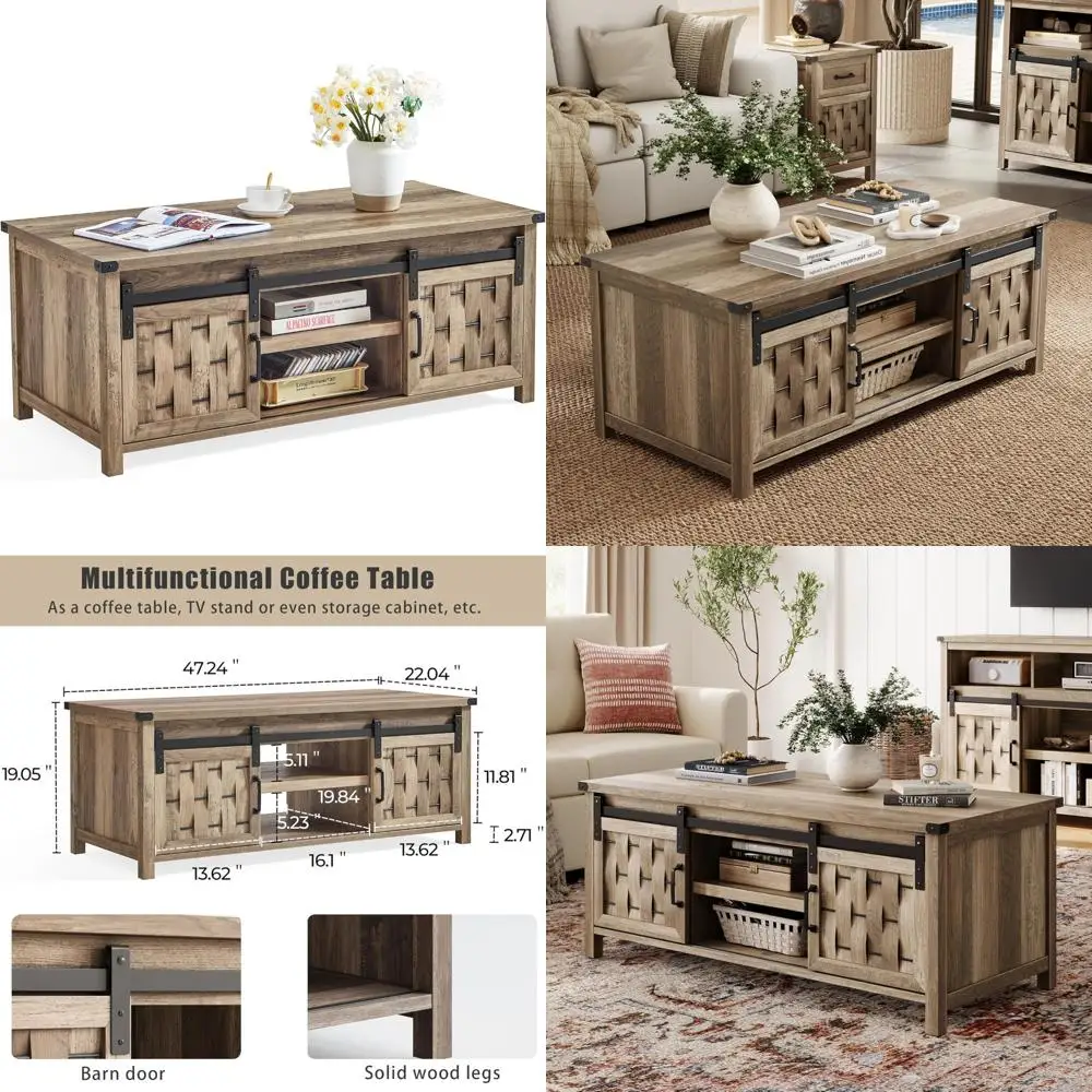 

47-дюймовый промышленный журнальный столик для фермерского дома с раздвижными дверцами для хранения и ярусами, регулируемыми полками