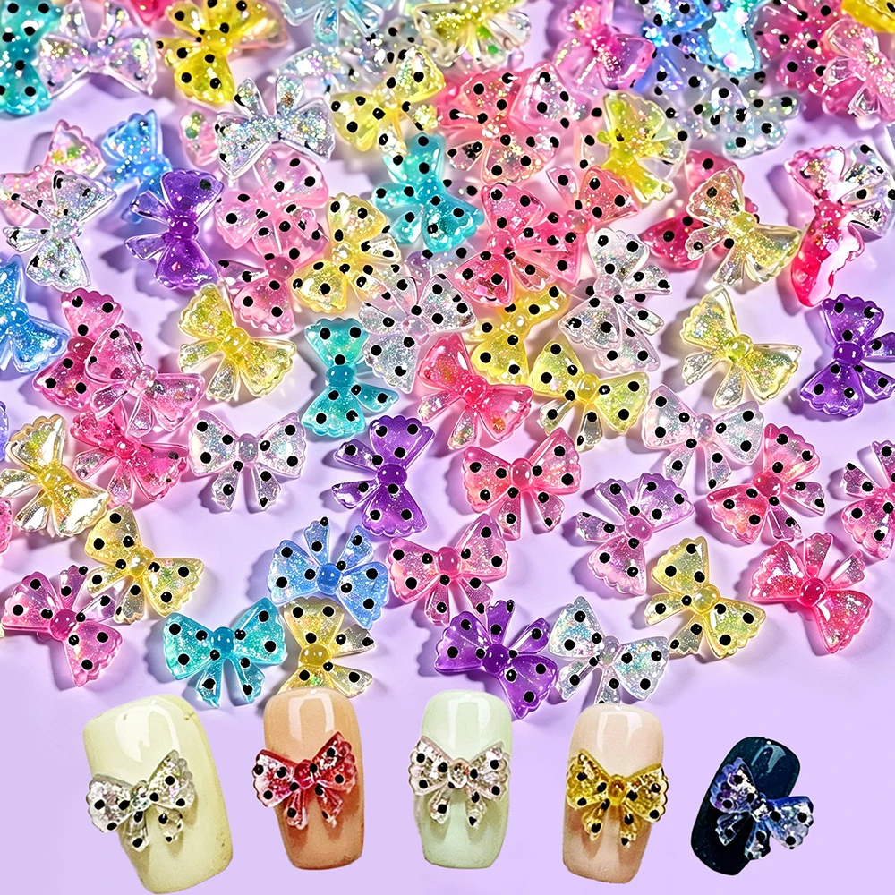 50pcs Polka Dot Resin Bow Nail Charms 3D Colorful Aurora Transparent Glitter Bowknot Nail Decorations Shiny Bowtie Nail Supplies