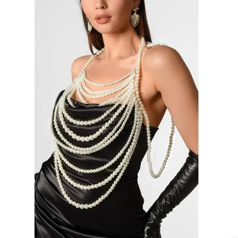 N7yf multicouche FAUX PEARL Perle Corps Bralette Femmes Collier Épaule Collier carrosserie sexy