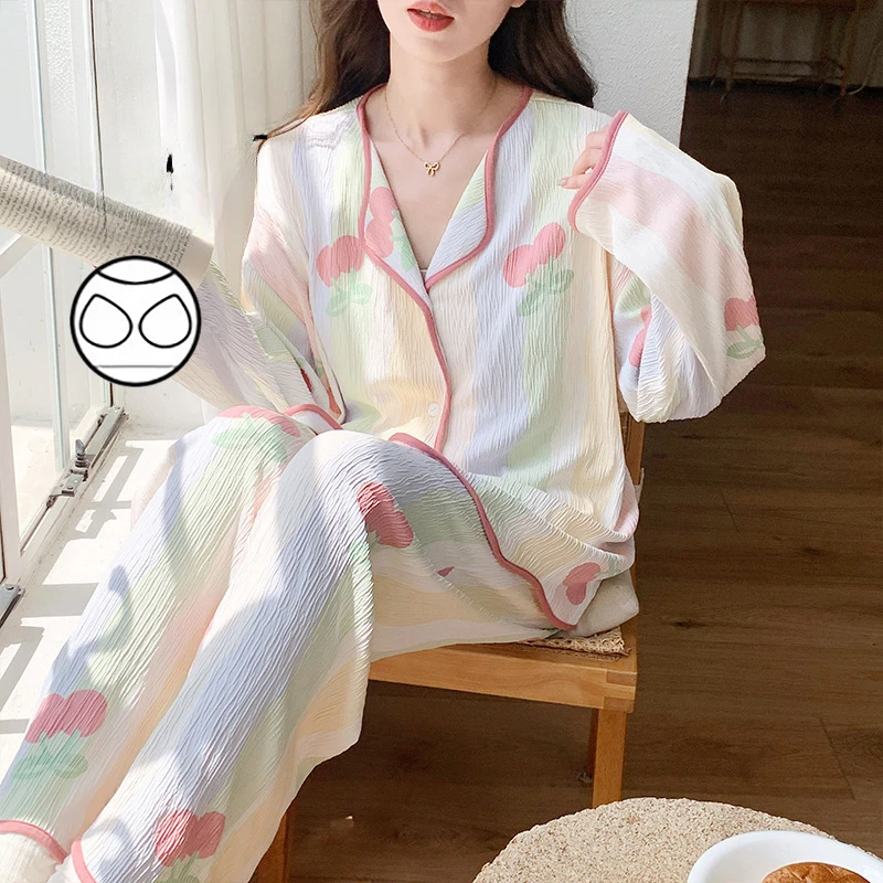 

Women's Cardigan Lapel Pajamas Loungewear Ms. Long-sleeved Casual with Cushion One-piece Cloud Cotton Girls Two-piece Set Women