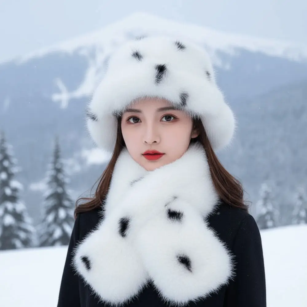 Thick Warm Faux Fur Hat Cozy Skin Friendly Soft Fluffy Spotted Bucket Cap Luxury Thermal Comfortable Fit Leopard Scarf