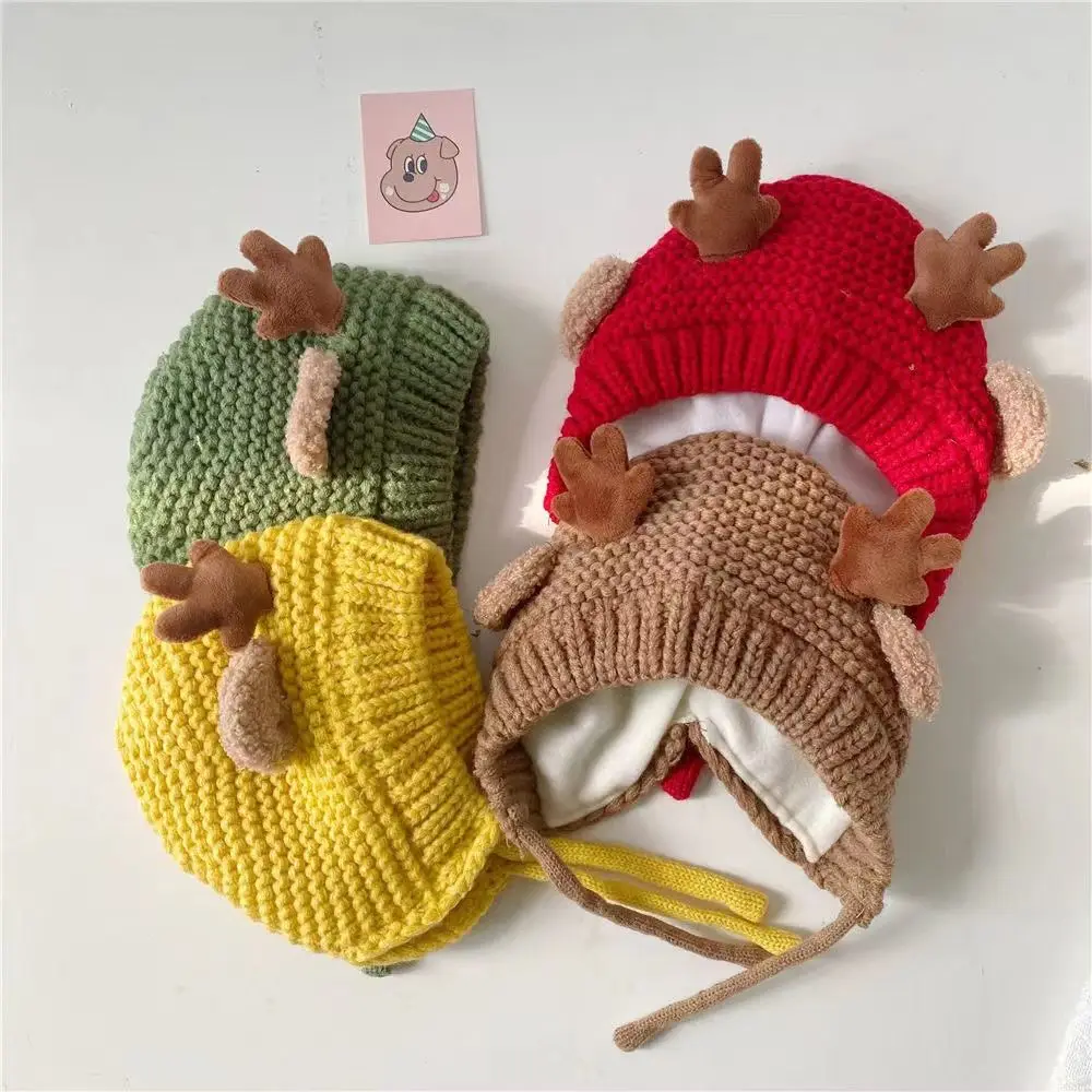 Cute Deer Elk Antlers Baby Hat Winter Warm Plush Knitted Wool Ear Warmer Children Hat Boys Girls Beanie Hats 4-20 Months