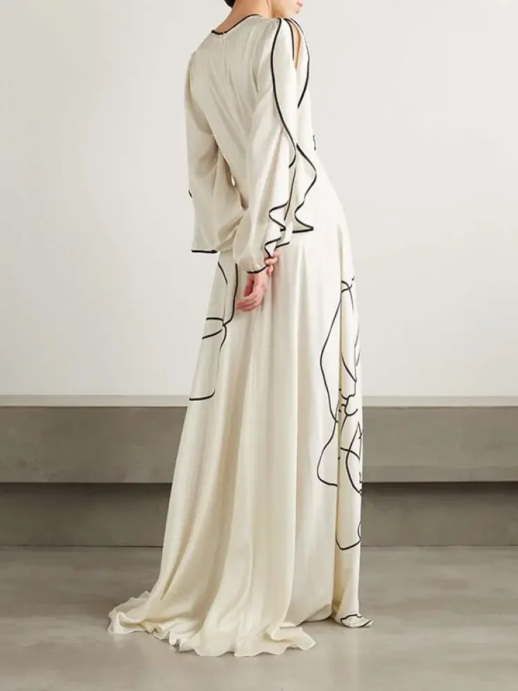 2026 Women White Black Line Printed Maxi Dress Round Neck Ruffle Sleeve High Waist A Line Pleated Stylish Party Dress - view 3