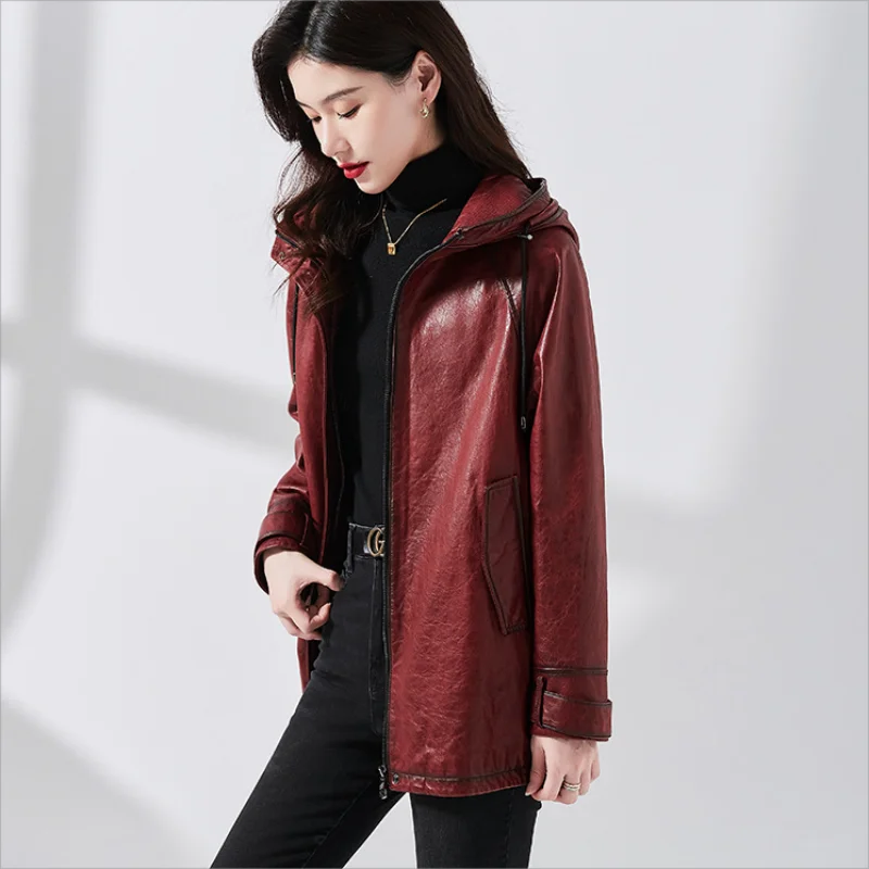 Leather Jackets Women Autumn Vintage Claret Medium to Long Loose Hooded Turkey Sheepskin Waxy Leather Coat Cazadora Piel Mujer