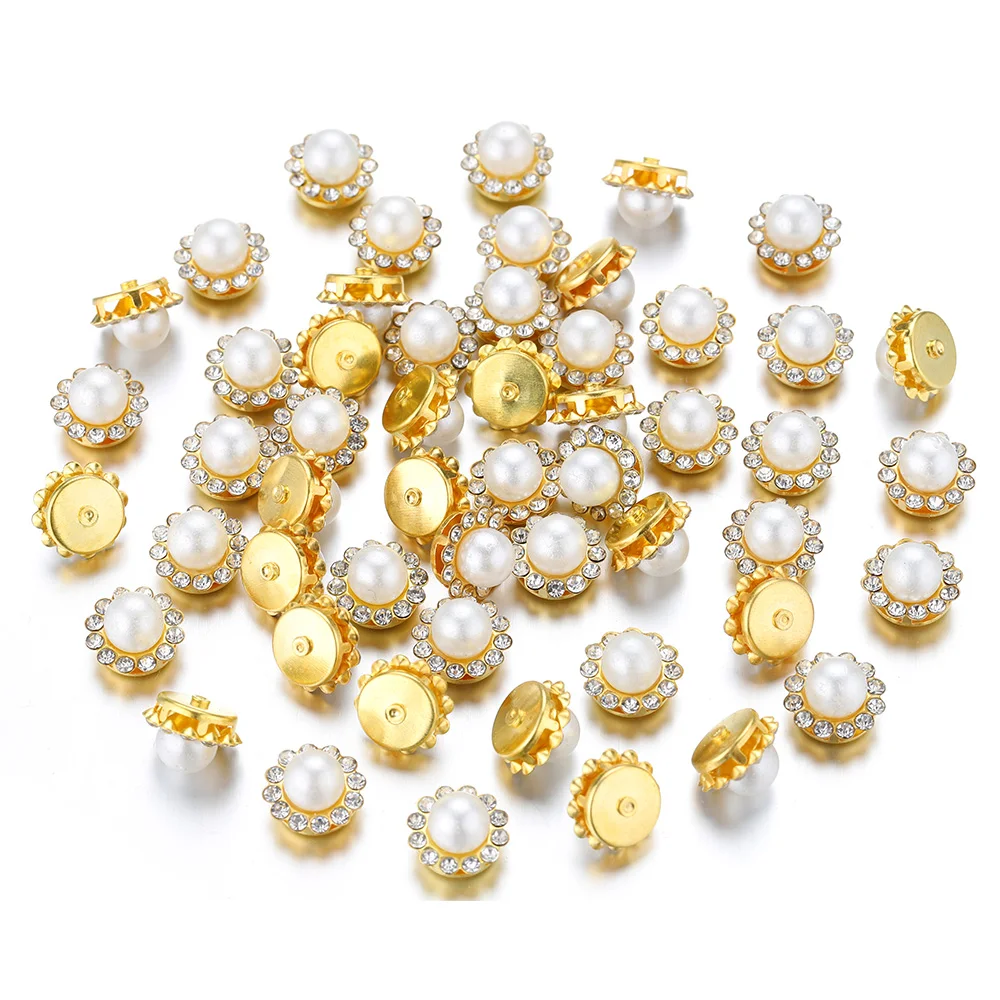 50Pcs Pearl & Rhinestone Beads Gold Color Bezel Embellishments Cabochons for Bow Hair Accessories Decoration DIY Needlework