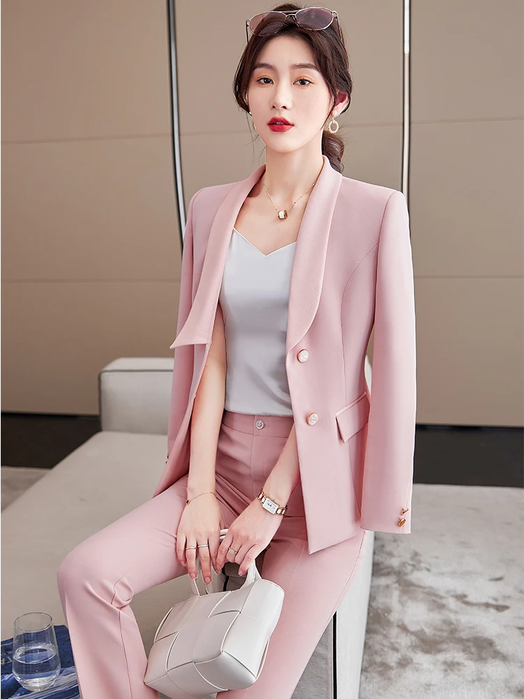 Blazer et pantalon formel pour femme, veste femme, surintendant ser, vêtements de travail d'hiver pour dames de bureau, mode, rose, violet, imbibé, ensemble 2 pièces