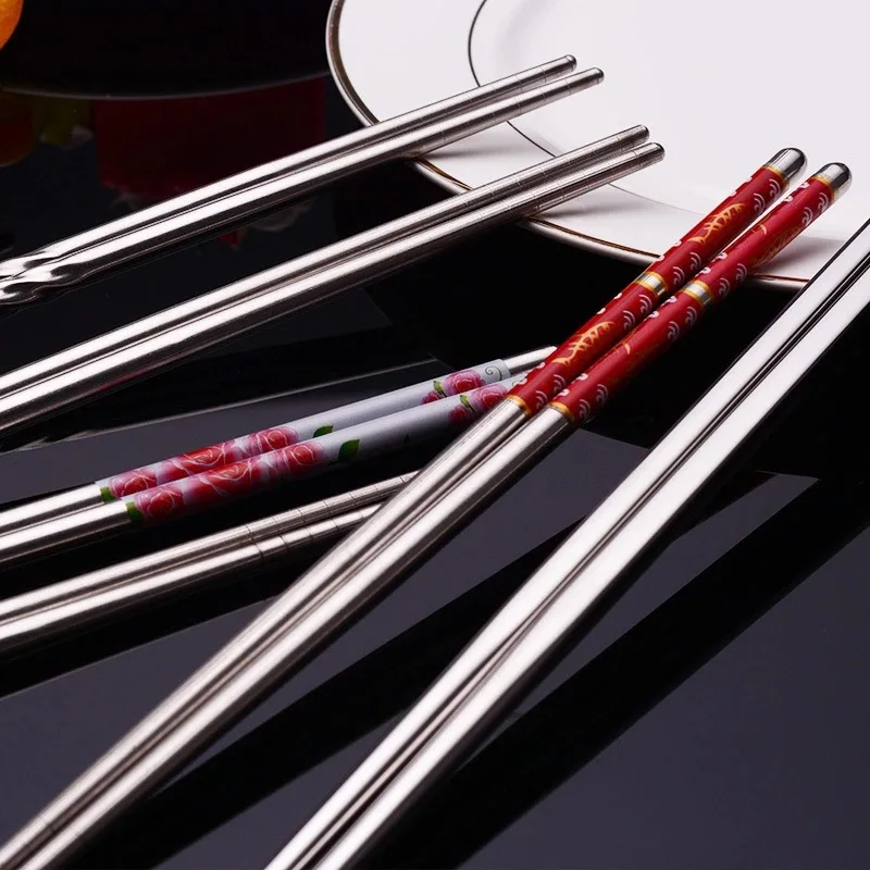 Reusable Stainless Steel Chopsticks And Tableware Blue Porcelain Patterned Food Sticks Anti Slip And High Temperature Resistant