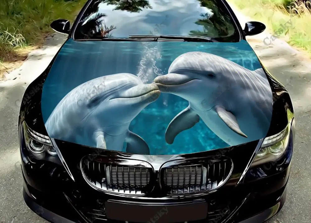 Dolphins Swimming In Water Car Hood Vinyl Stickers Wrap Vinyl Film Engine Cover Decals Sticker on Car Auto Accessories