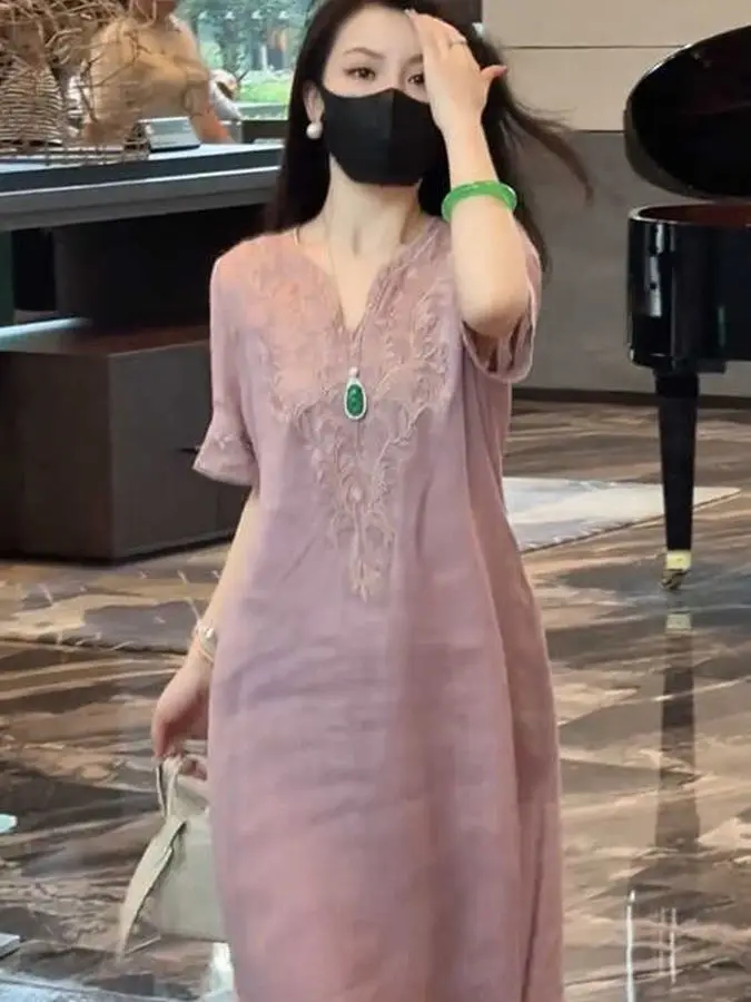 New Chinese Style Embroidered V-Neck Knee-Length Dress Women's Loose plus Size Slimming Long Skirt Summer Casual High Waist