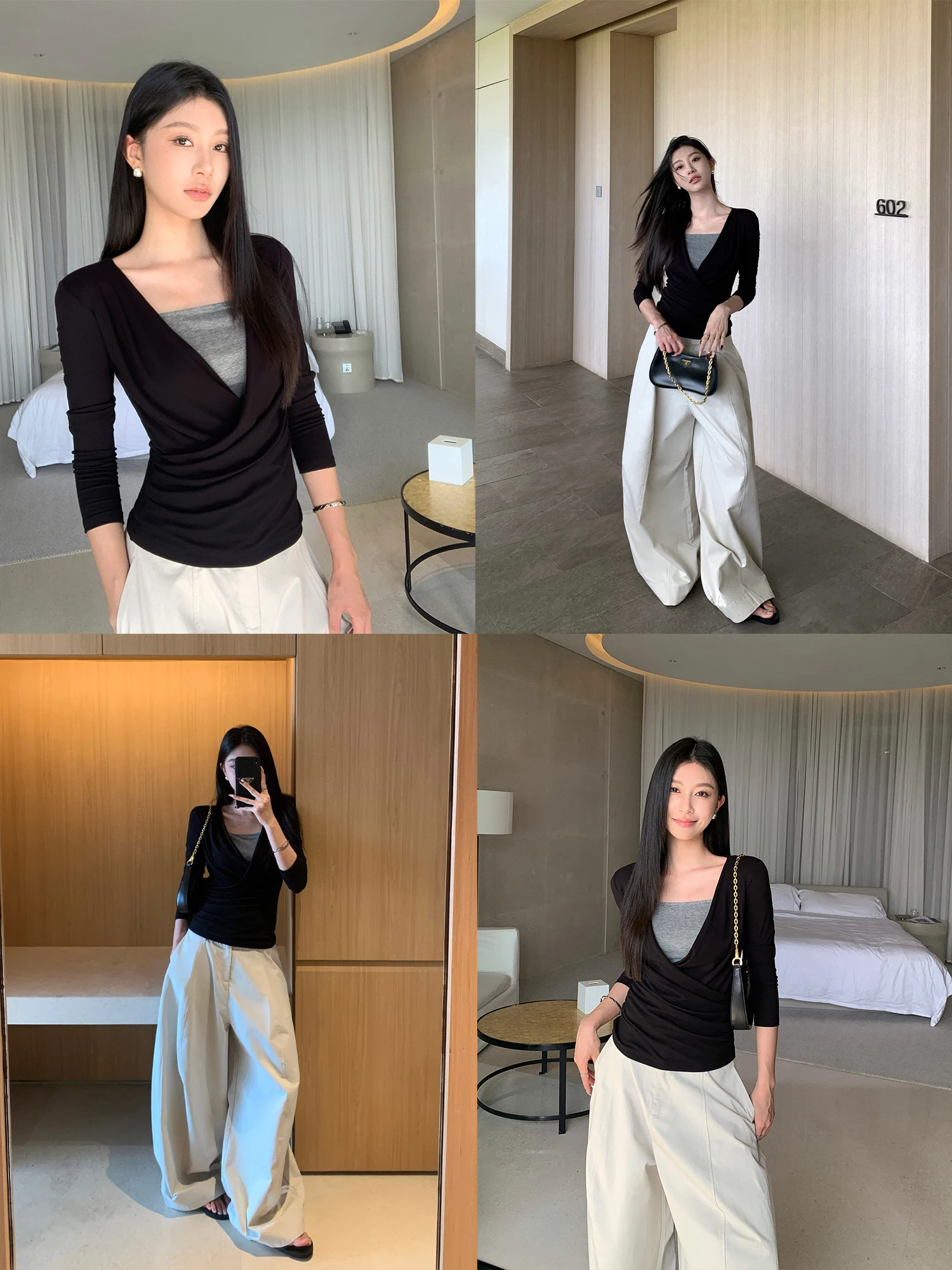 

Pusumede Long Sleeve V-neck Women's T-shirt Waist-cinching Pleated Design Attractive Color Block Top Spring 2026 Fashion