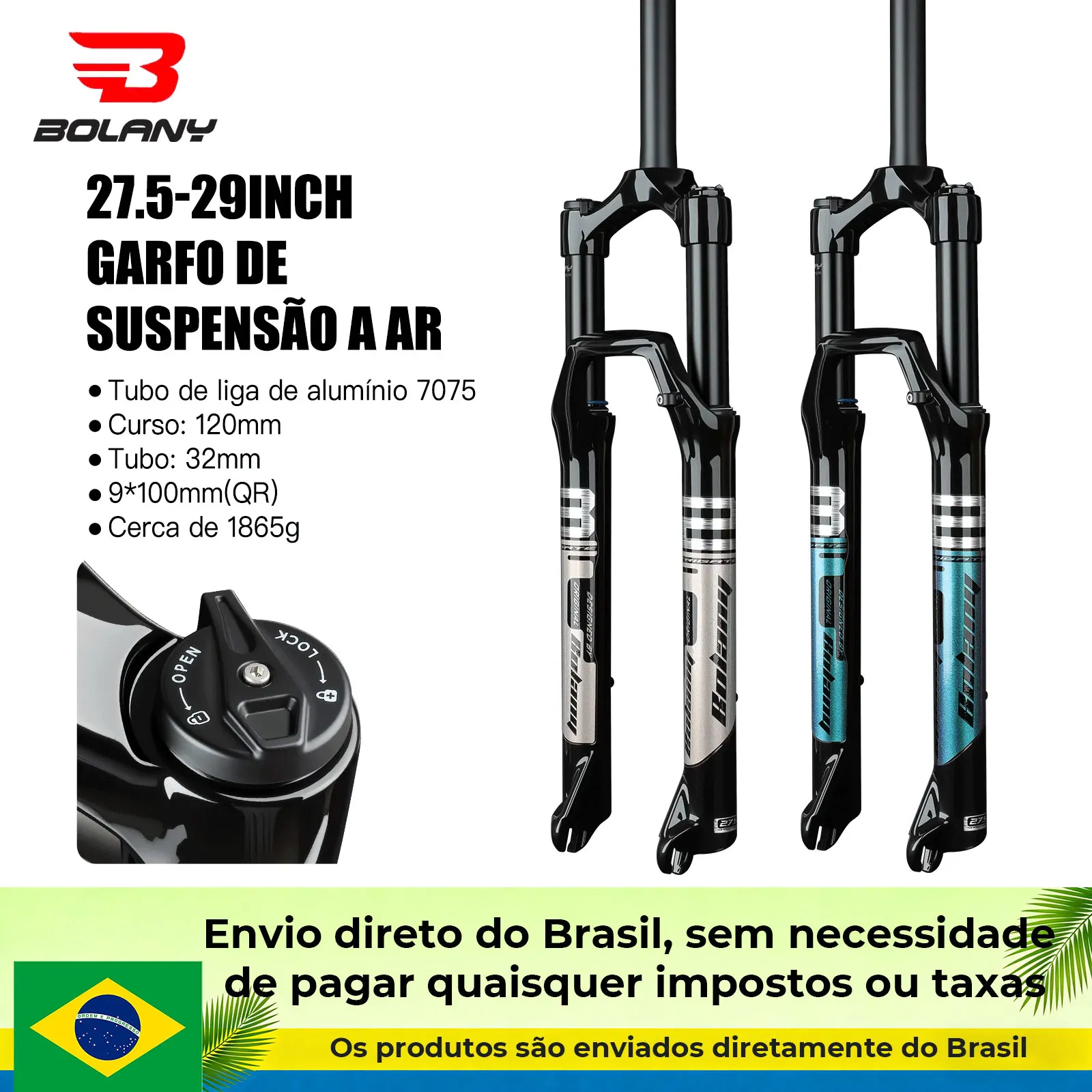 Garfo de suspensão BOLANY para MTB com tubo de 32 mm para rodas de 26/27,5/29 polegadas, curso de 120 mm, suspensão em liga de alumínio 7075