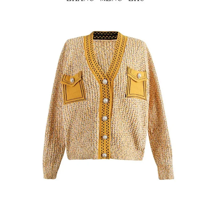 

Fashion Pocket Spring Autumn Knitwear Top Contrasting Color Knitted Cardigan Women V-Neck Blouse Pearl Button Sweater Jacket