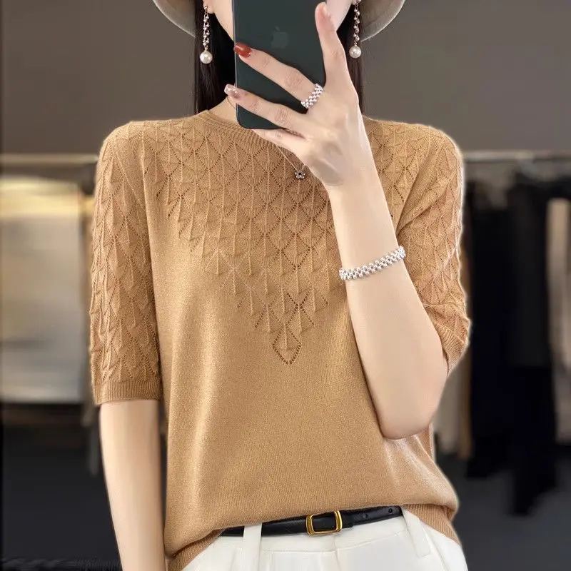 Summer Clothing Women Loose Hollow Out T-shirt Solid Round Neck Half Sleeve Versatile Fashion Casual Vintage Thin Knitted Tops