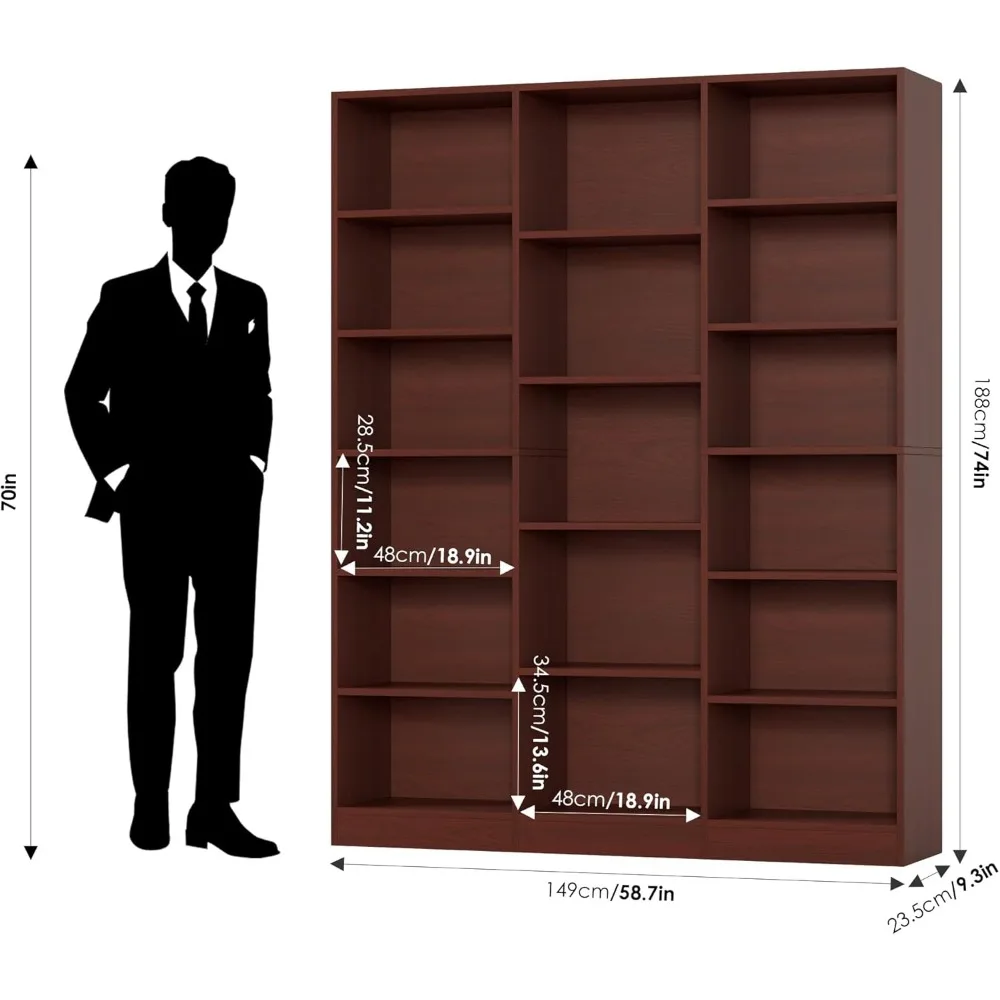 رف كتب كبير ثلاثي واسع 6 طبقات مع 17 رفًا مفتوحًا، يقف بطول 74 بوصة