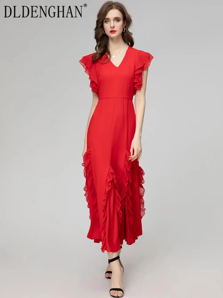 

DLDENGHAN Spring Long Dress Women V-Neck Flying Sleeve Ruffles Red Elegant Party Dress Fashion Designer New