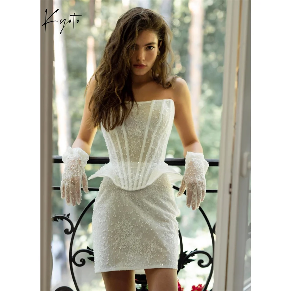 Kyoto Customized White Strapless Wedding Dress Detachable Sleeves Lace-Up Back vestidos de noiva Elegant Mini Evening Dresses