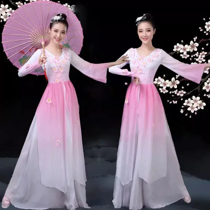 Traditionelles chinesisches Volkstanzkostüm für Damen und Erwachsene, eleganter Fächerschirm, Hanfu-Kleidung, alter Yangko-Tanz, Bühnenaufführung