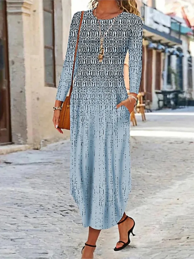 

Autumn New Fashion Long Sleeve Print Dress For Women Casual O Neck Pockets Irregular Long Dress Vintage Women's Clothing