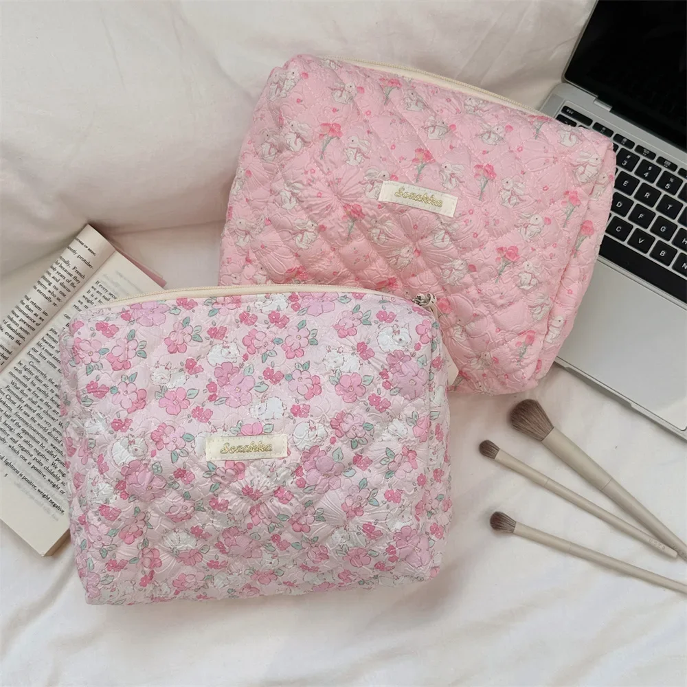 Cartoon Portable Girls Cosmetic Bags Cute Flower Travel Female Makeup Case Storage Bag Sweet Floral Ladies Purse Clutch Handbags