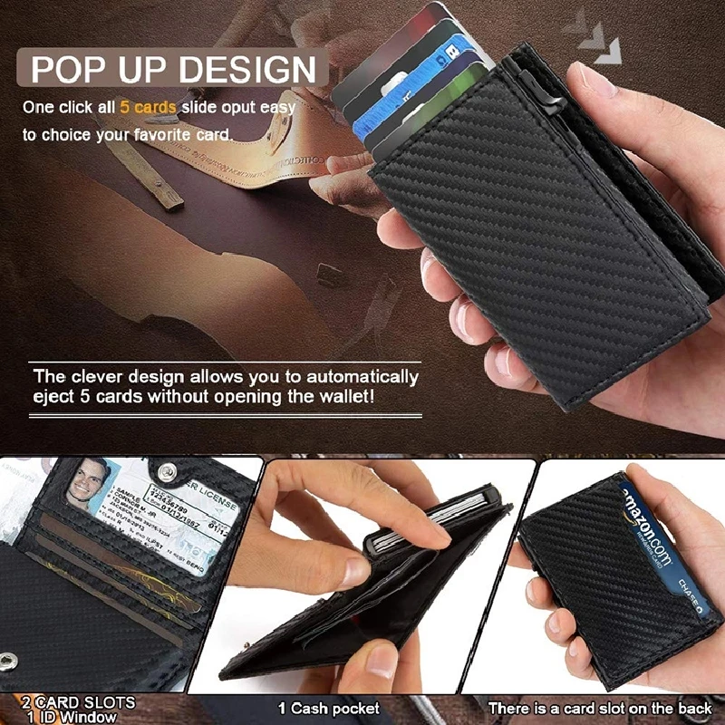 Men Credit Card Holder Slim Fit Pop Up Metal Wallet with RFID Blocking Minimalist Carbon Fiber Leather  Wallet