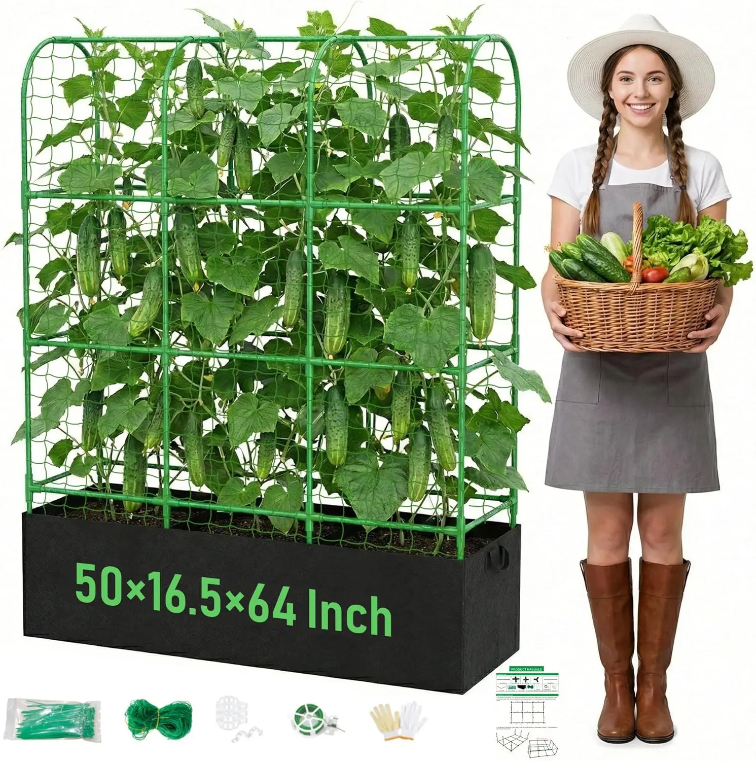 

U-Shape Cucumber Trellis with Grow Bag, 64" Tall Metal Garden Trellis for Climbing Plants Outdoor, Reusable Cucumber Tre