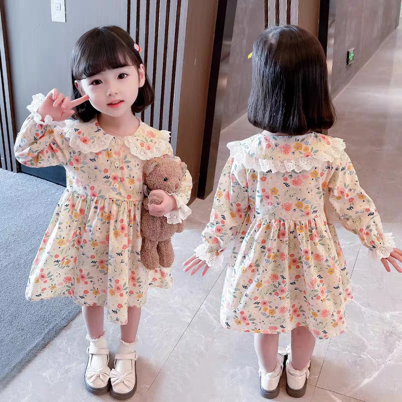 

Girls Dress 2026 Spring Summer New Korean Style Sweet Lace Edge Floral Princess Dress Fashion Daily Wear
