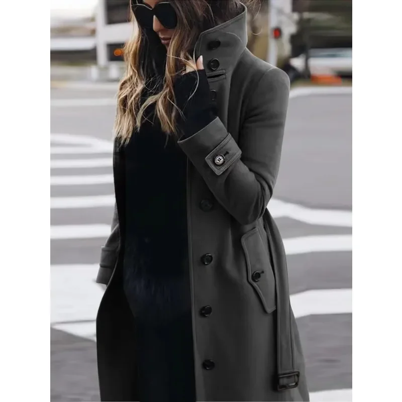 Autumn Winter New Woolen Coat Women's Slim Fit Cardigan Large Coat Women Long Sleeve Single Breasted Stand Collar Woolen Coat