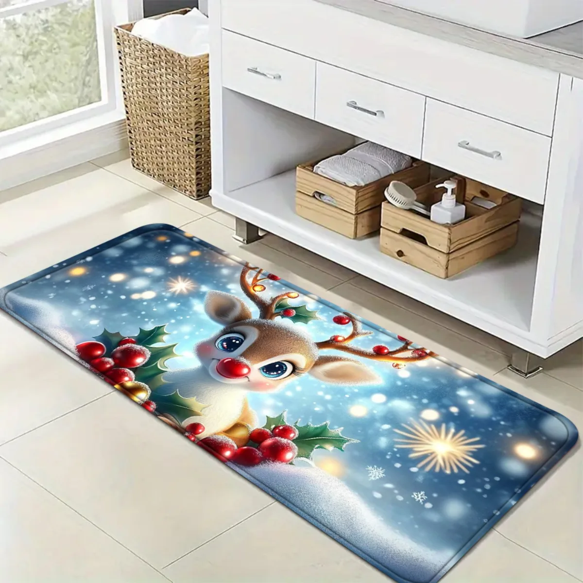 1pc Cute Red‑Nosed Christmas Reindeer Holly Berry Snowy Printed Floor Mat, Decorative Area Rug for Entrance, Porch, Home Decor