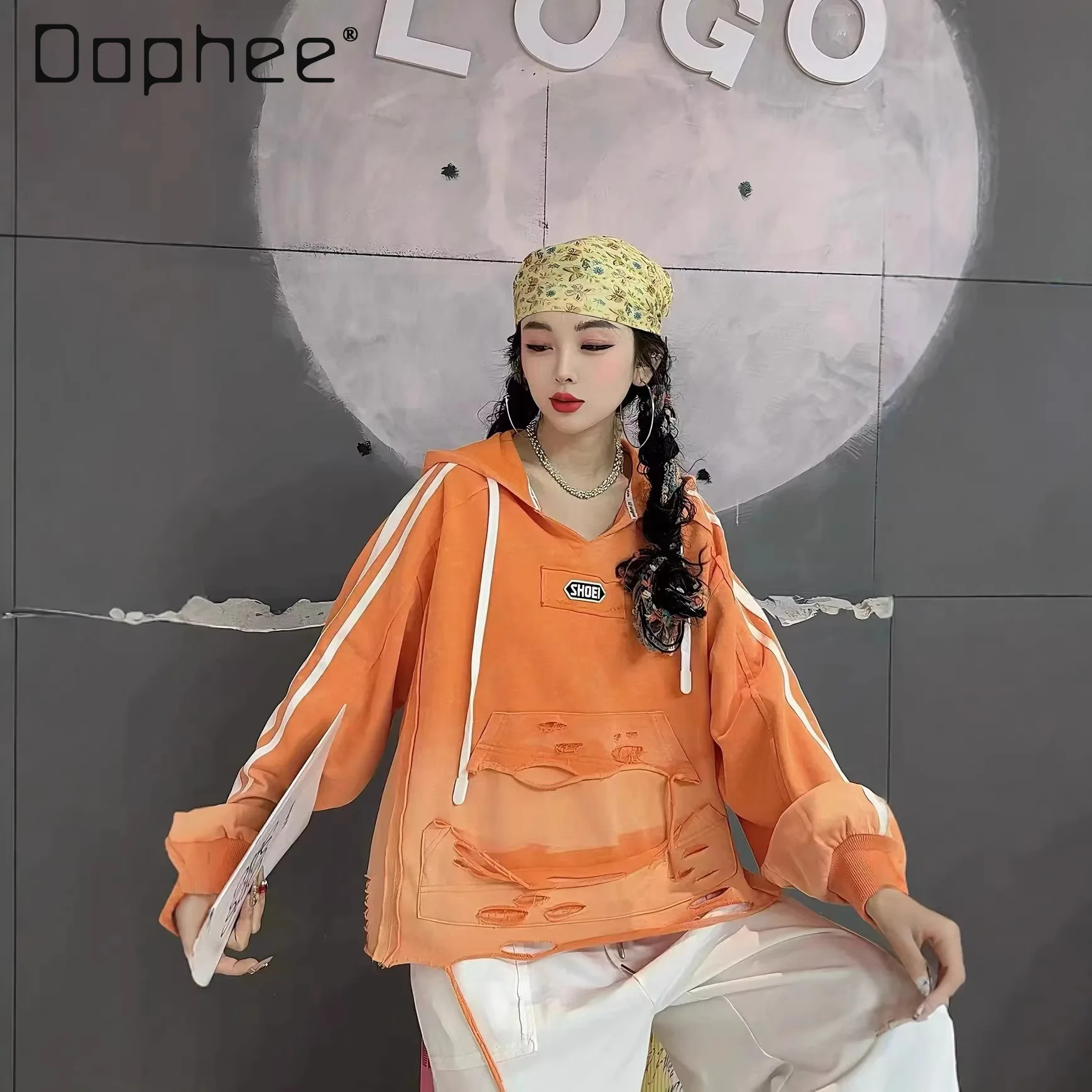 

Sweatshirtsr Women 2026 Spring New Embroidery Gradual Change Holes Striped Loose Pull Rope Hooded Versatile Top Streetwear Women