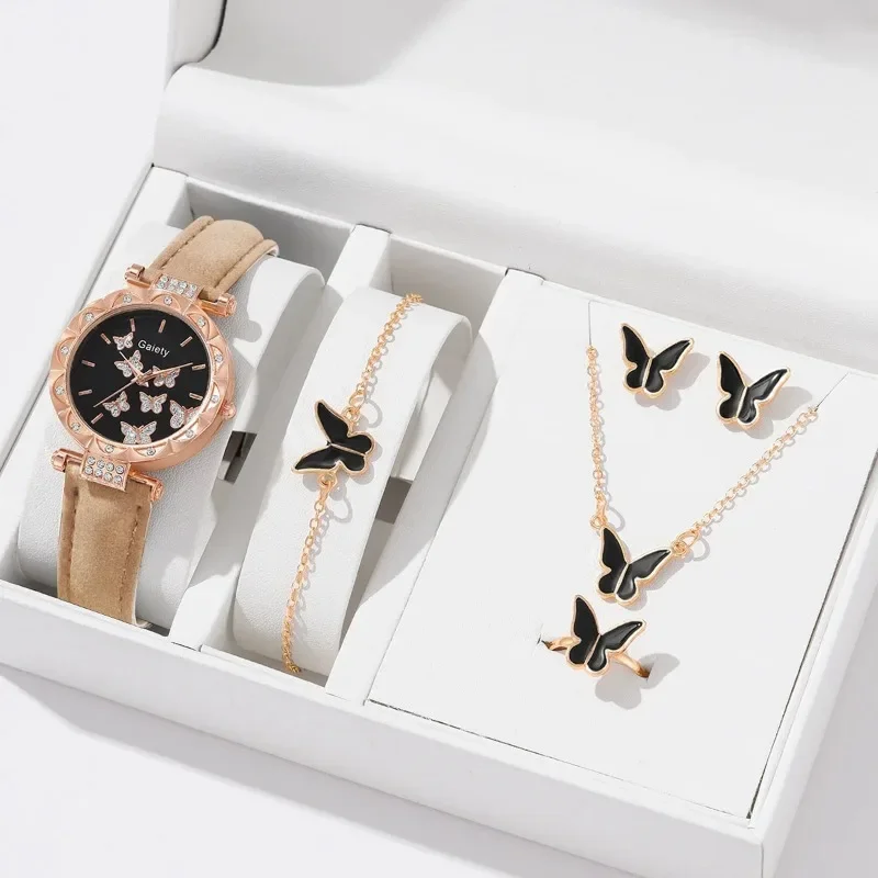 Relógio de luxo para mulheres, Anel Colar Brincos Pulseira Set, Relógios de pulseira de couro borboleta, Relógio de pulso quartzo feminino