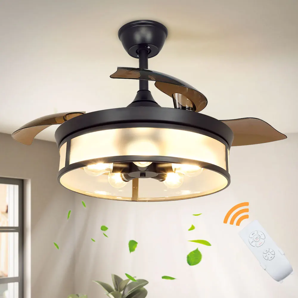 Depuley 48cm Industrial Ceiling Fan with Light Retractable Blades with Remote for Living Room Kitchen Bedroom 5 E26 Base No Bulb