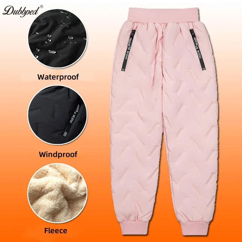 Dubbped Boys Girls Winter Pants Waterproof Cotton Padded Thick Warm Trousers Ski Pants Elastic Kids Fleece Pant Thick Pants 5-16