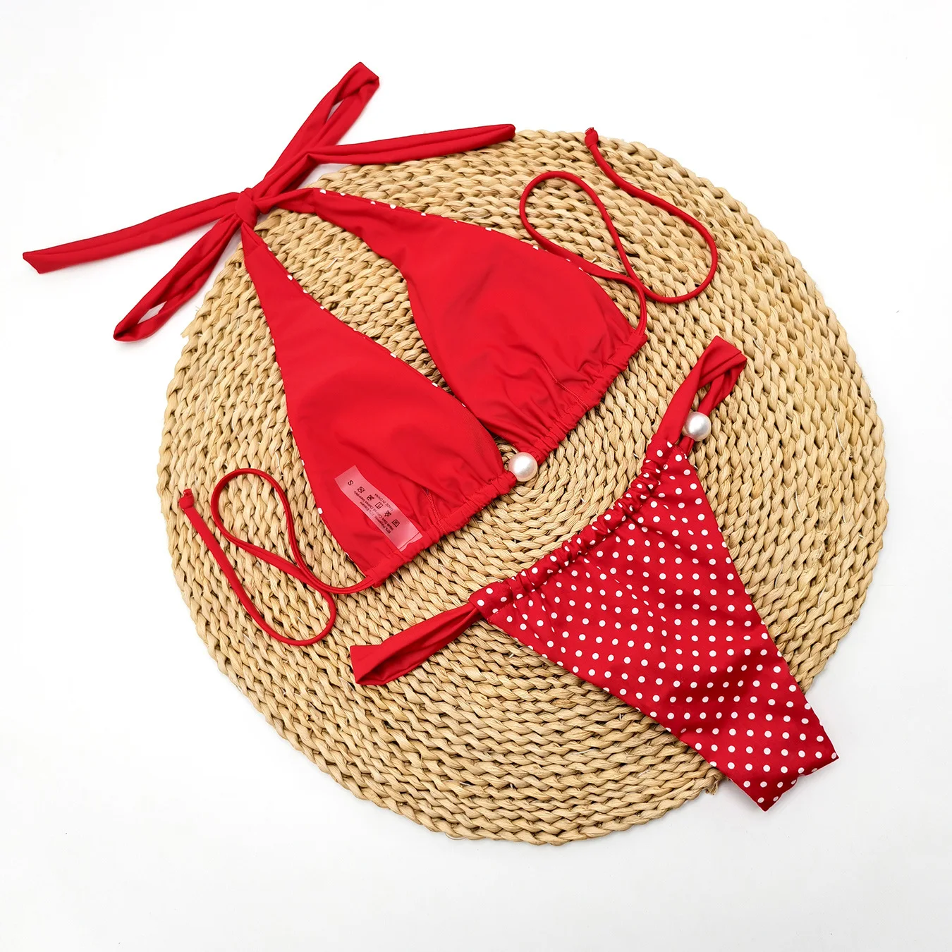 sexy white polka dot print red halter tie pearl bikinis sets two pieces thong swimsuits bathing suit swimwear biquini tankini