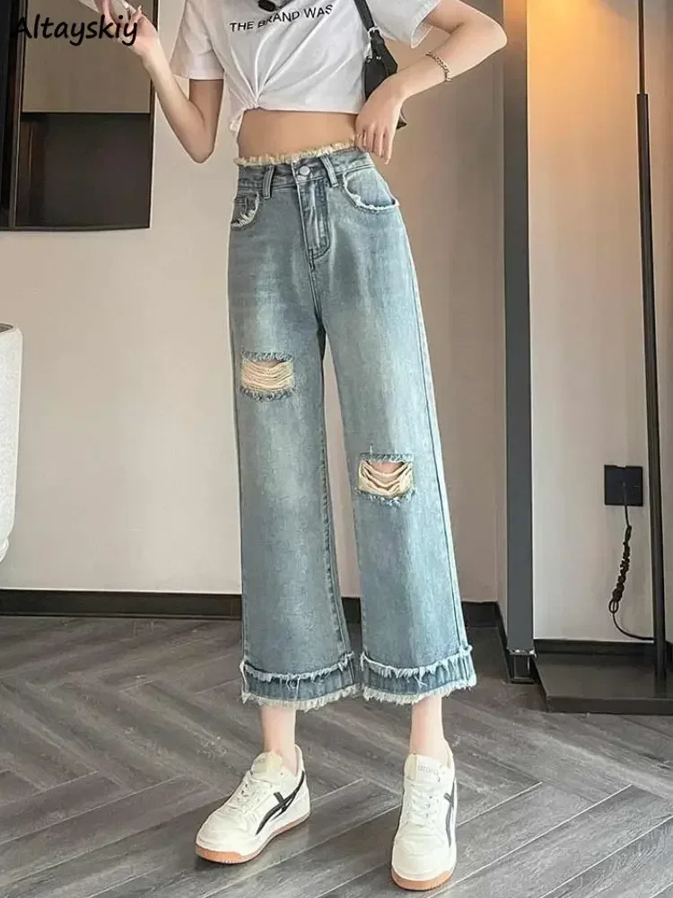 

Hole Jeans Women Ripped Vintage Ankle-length Streetwear Loose Casual High Waist Hotsweet All-match Korean Style Female Straight