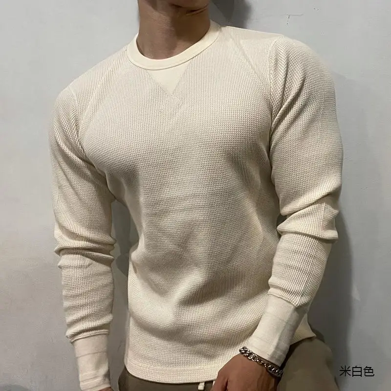 

Korean Slim Waffle Lattice Men Round Neck Long Sleeve Tshirt Fitness Trendy Pullover All-match High Quality Sports Solid Clothes