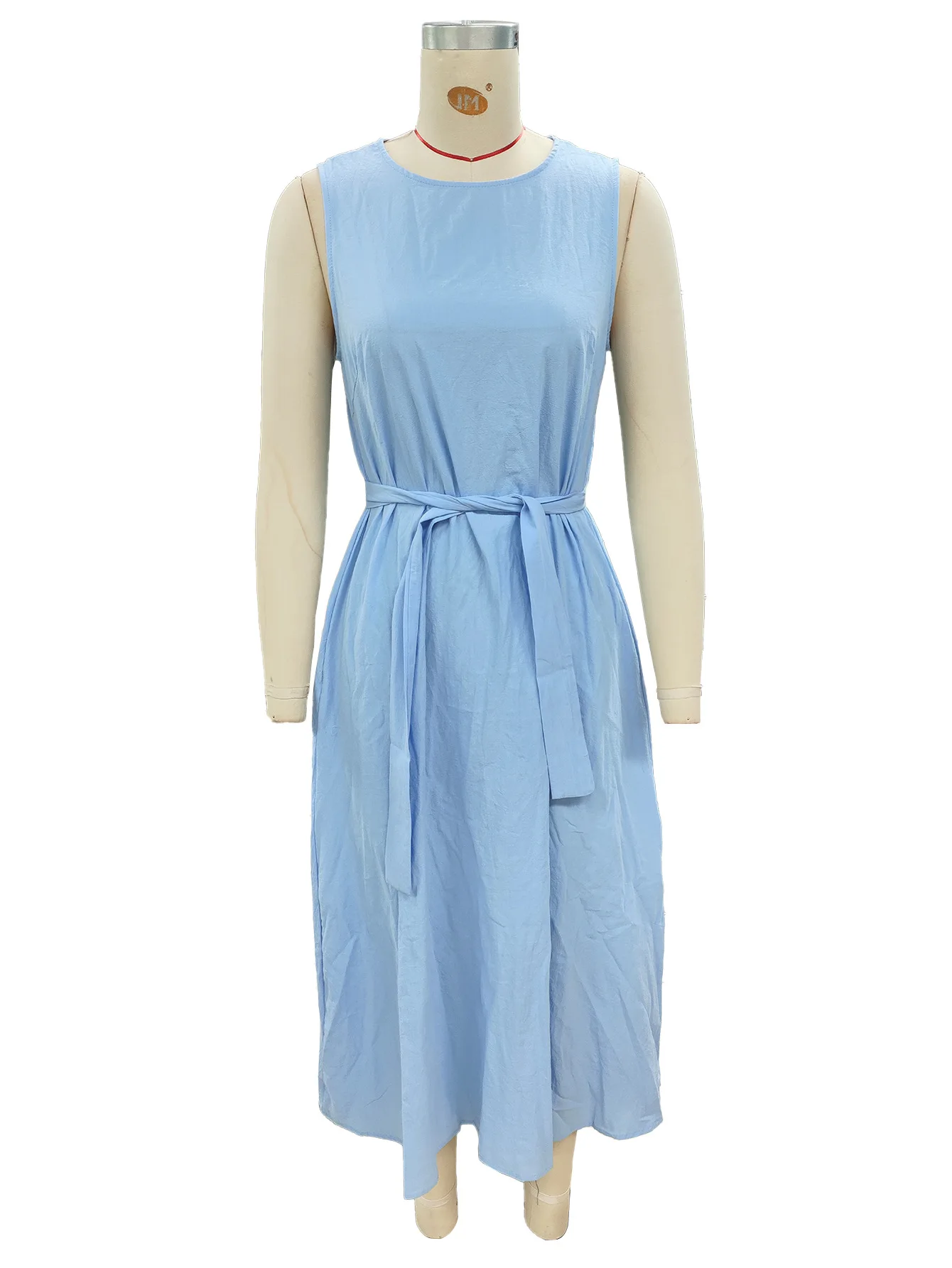 Nova moda casual sem mangas o pescoço cor sólida fino ajuste rendas flare e ajuste vestido de meia panturrilha