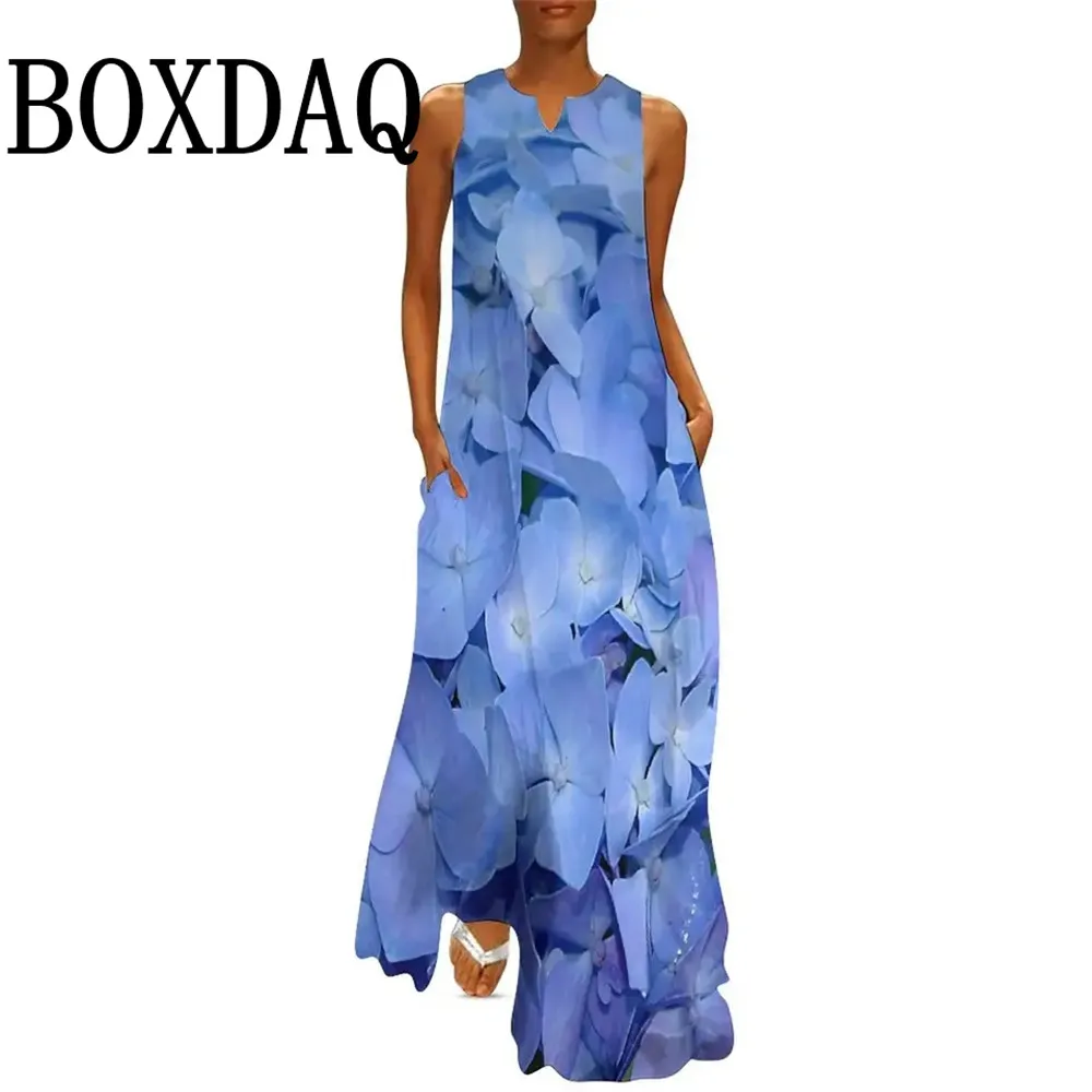 Vintage Print Maxi Dress For Women Summer Loose Sleeveless Long Dresses Elegant Lady V Neck Pockets Boho Beach Sundress Vestidos