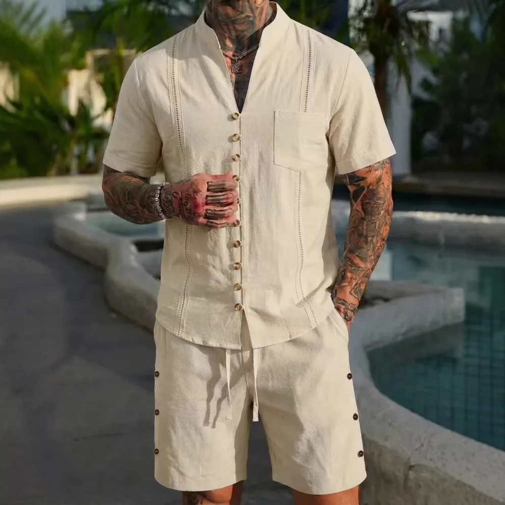 

Summer Solid Color Comfortable V-neck Multi Button Short Sleeved Shirt Shorts Set for Men's Casual Sports Street Vacation Style