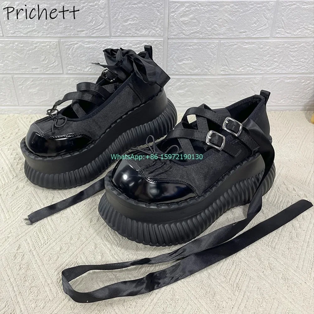 

Bows Solid Platform Mary Jane Pumps Round Toe 8Cm Thick Soled Tie Strap Shallow Shoes Black Cool Girl Fashion Leather Shoes