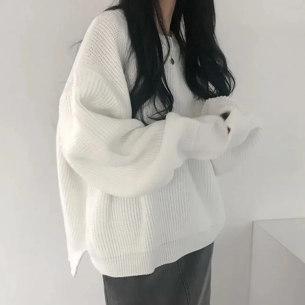 

REALEFT Autumn Winter White Loose O-neck Women's Sweaters 2025 New Long Sleeve Side Split Knitted Casual Pullovers Tops Female