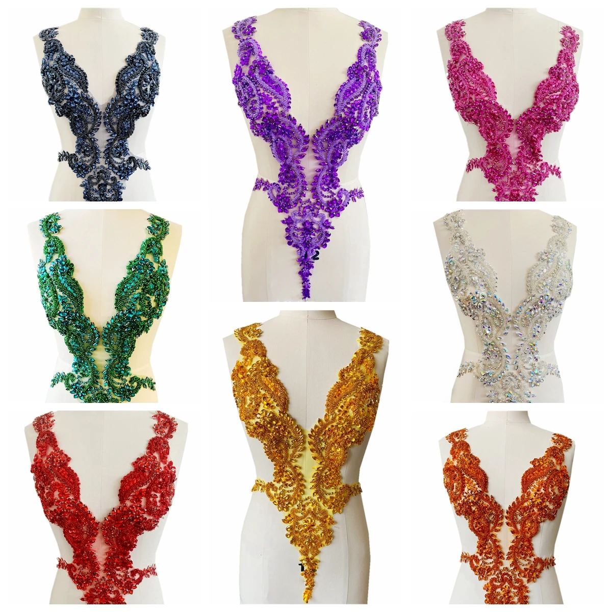 Handmade rhinestones lace applique handsewing beads sequins trimming patches for dress clothing accessories more colour