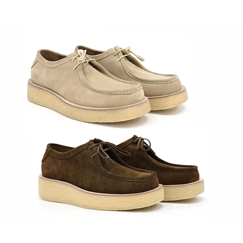 

New retro suede loafers men's lace up thick soled square toe camel colored casual leather shoes for work and commuting