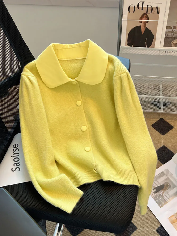 

New Design Women Basic Pullover Classical Sweater Autumn Winter Solid Peter Pan Collar Knitted Cardigan Solid Soft Fashion Y2K