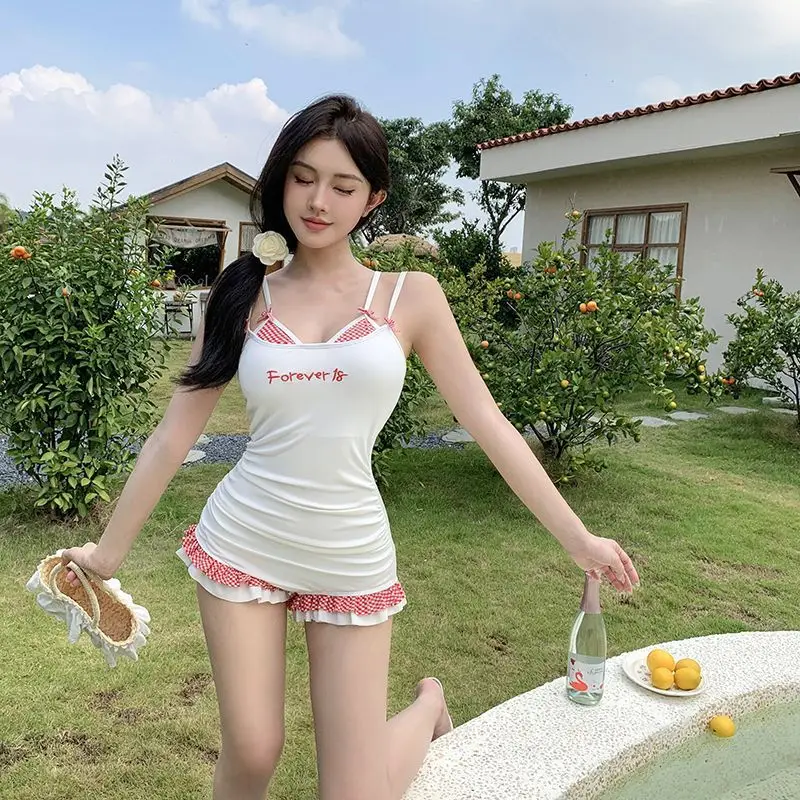 Lolita V คอลายสก๊อตชุดว่ายน้ําชุดว่ายน้ําสาวหวาน Patchwork Ruffle Lace Up One Piece ชุดว่ายน้ําชุดว่ายน้ํา
