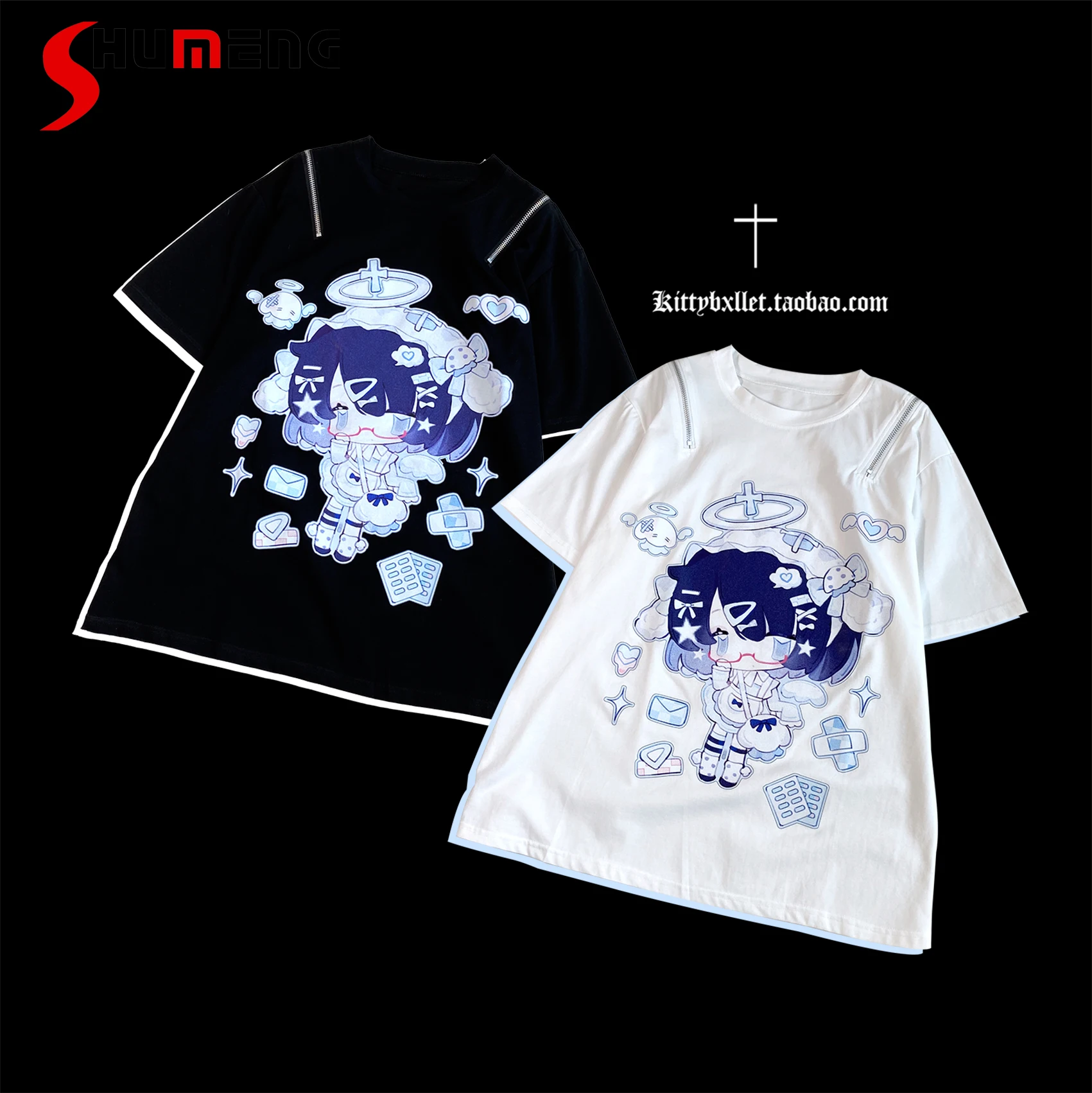 

Japanese Harajuku Style Subculture Cartoon Print Round Neck Zipper Off-Shoulder Short Sleeve Loose Versatile T-Shirts Tops Women